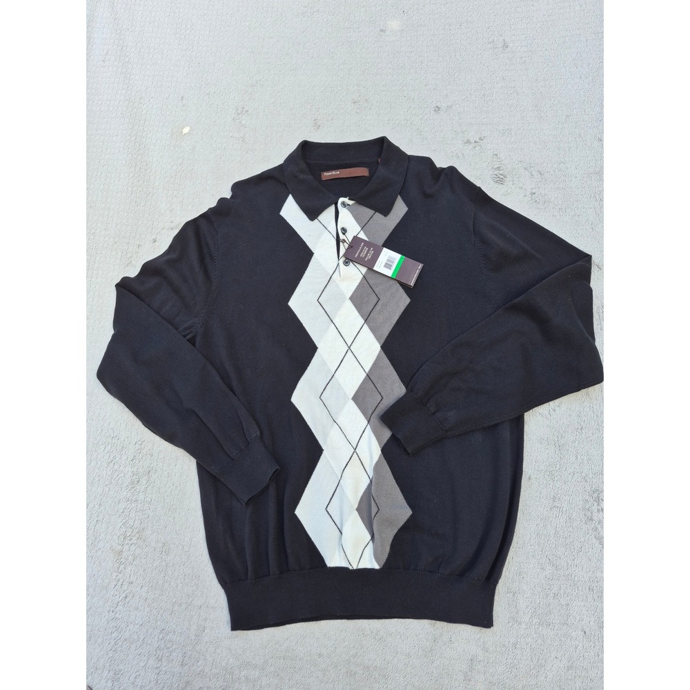 Perry Ellis Mens Argyle Polo Sweater Black Cotton Long Sleeve L 41HG7228PS
